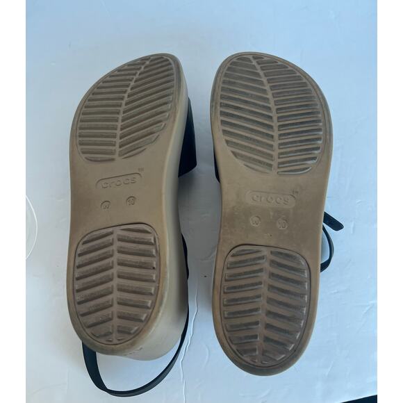 Crocs Brooklyn Black and Tan Criss Cross Ankle Strap Wedge Comfort Sandals Sz 10 - Picture 10 of 13